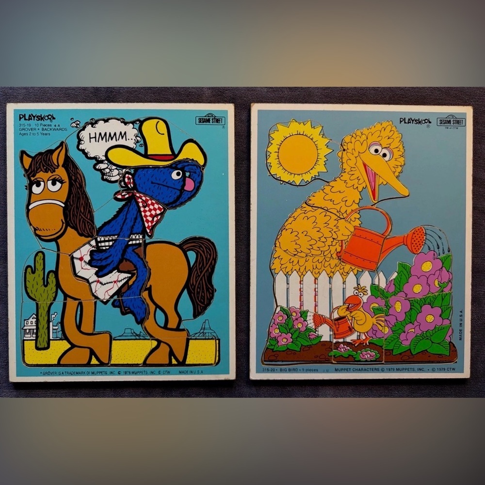 Vintage 1970’s Playskool Sesame Street Wood Puzzle - Lot of 2 / Grover Big Bird